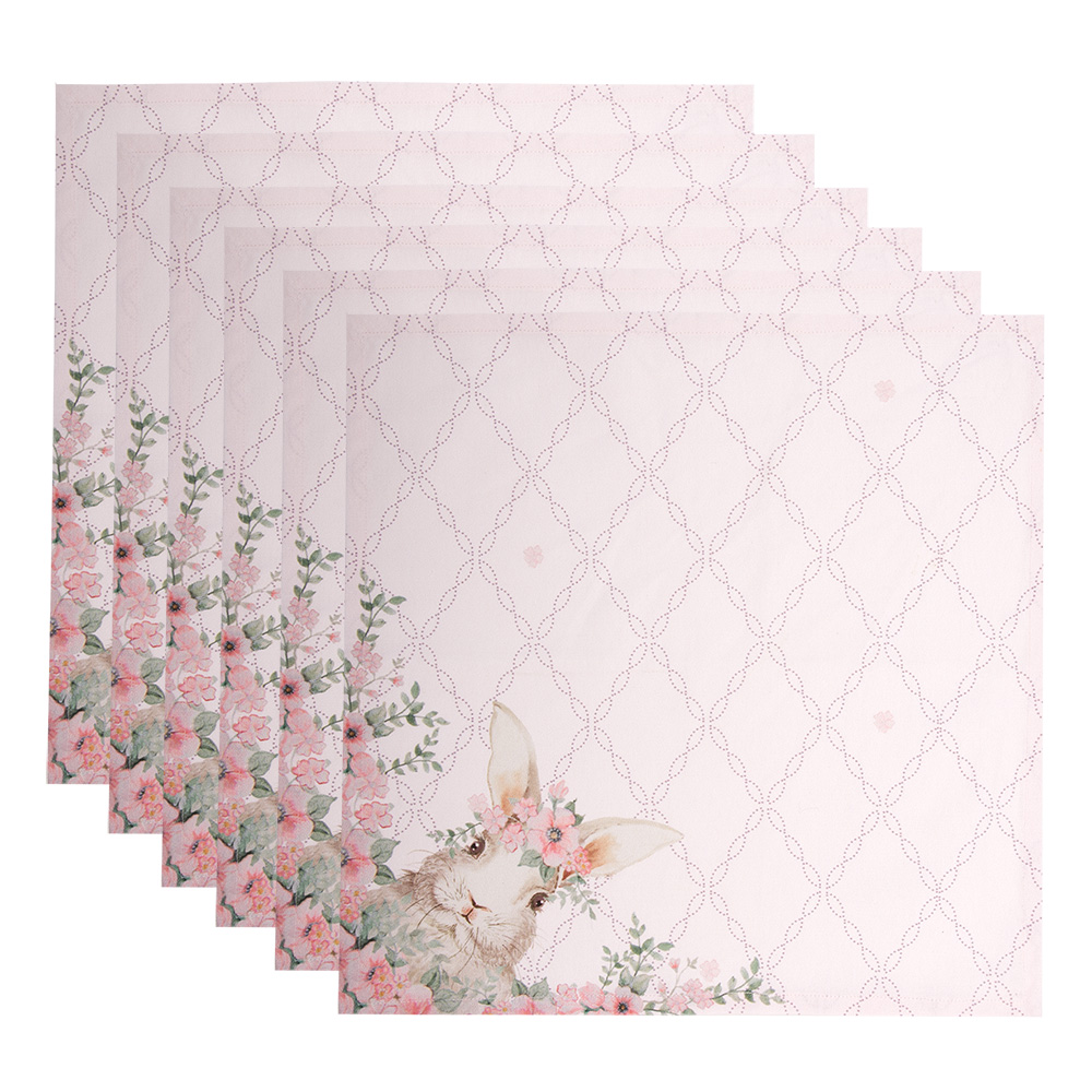 Clayre&Eef Servetten Katoen Set van 6 40x40 cm Roze Katoen Konijn afbeelding