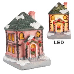 Clayre & Eef Decorative House with LED 4x5x6 cm Pink Artificial Leather Metal