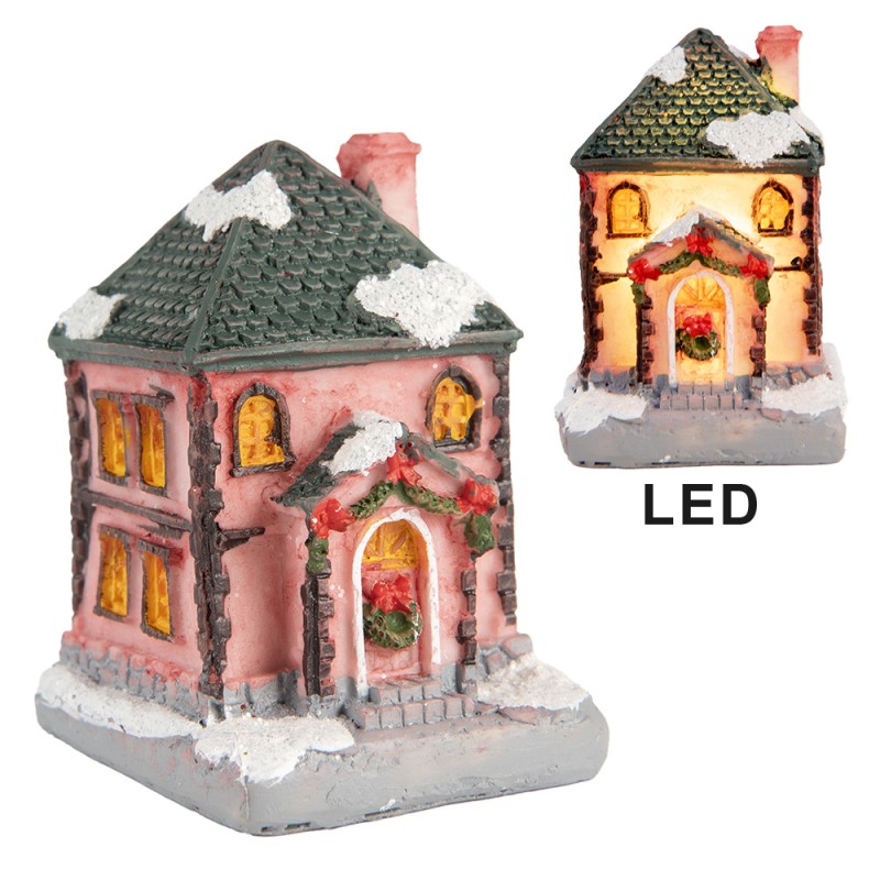 Clayre & Eef Dekoratives Haus mit LED 4x5x6 cm Rosa Kunstleder Metall