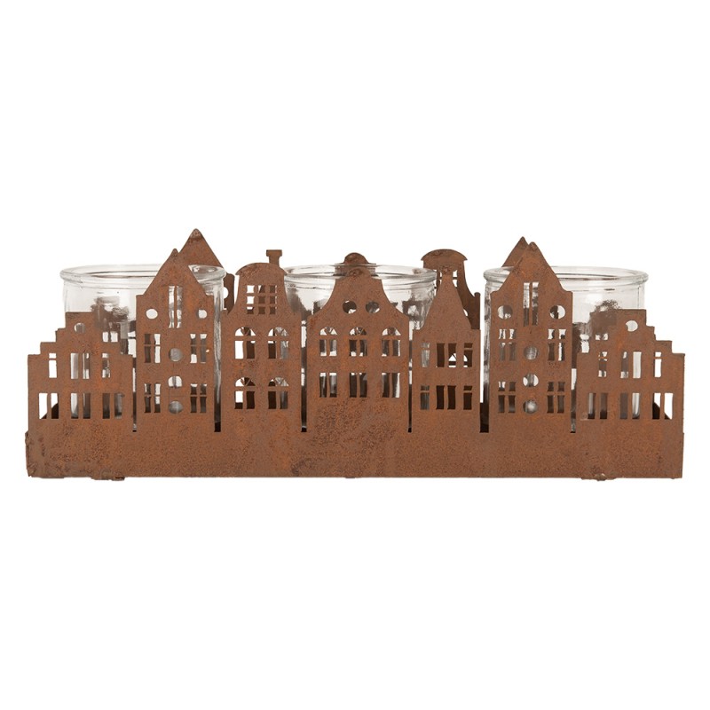 Clayre & Eef Tealight Holder 30x9x11 cm Brown Metal Houses