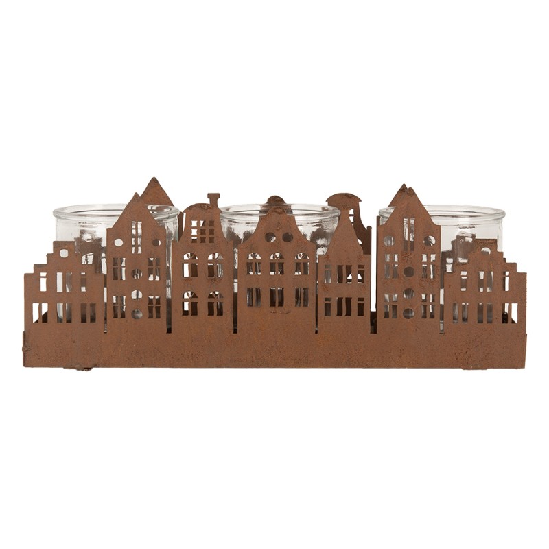 Clayre & Eef Tealight Holder 30x9x11 cm Brown Metal Houses