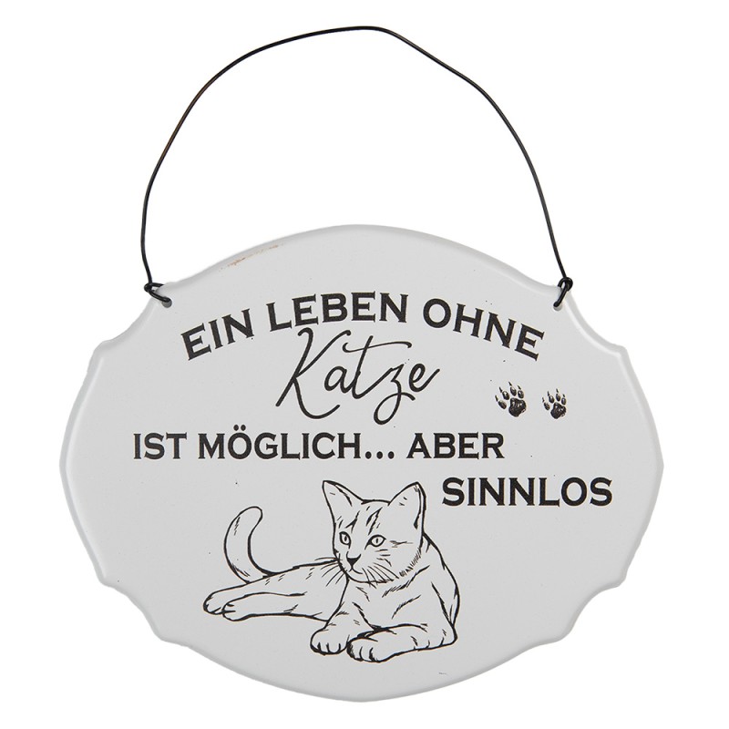 Clayre & Eef Targhetta con testo 18x15 cm Bianco Metallo Gatto