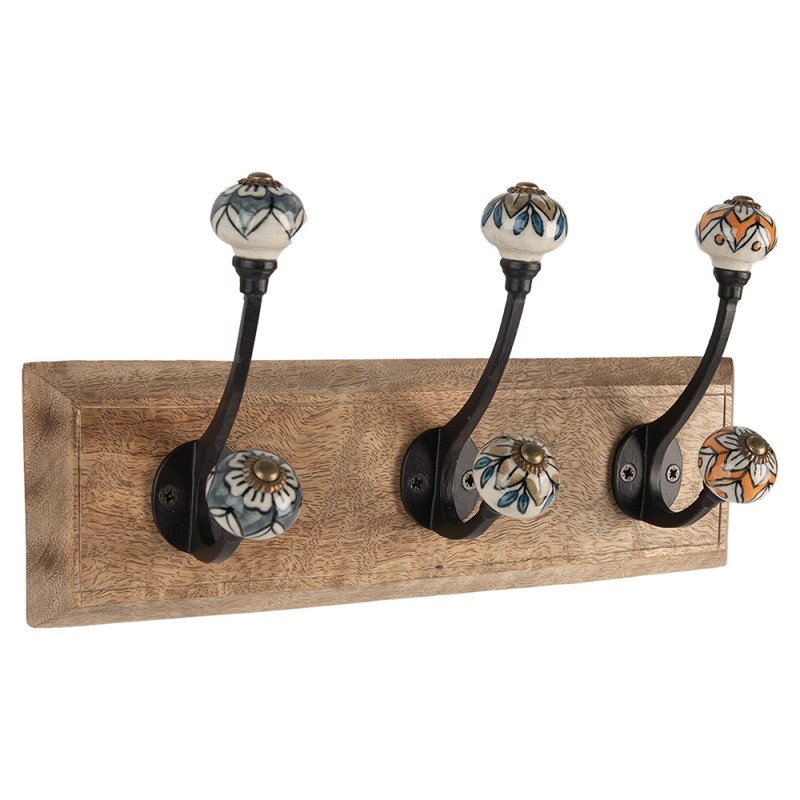 Clayre & Eef Attaccapanni da parete 3 ganci 31x10x16 cm Marrone Legno Metallo