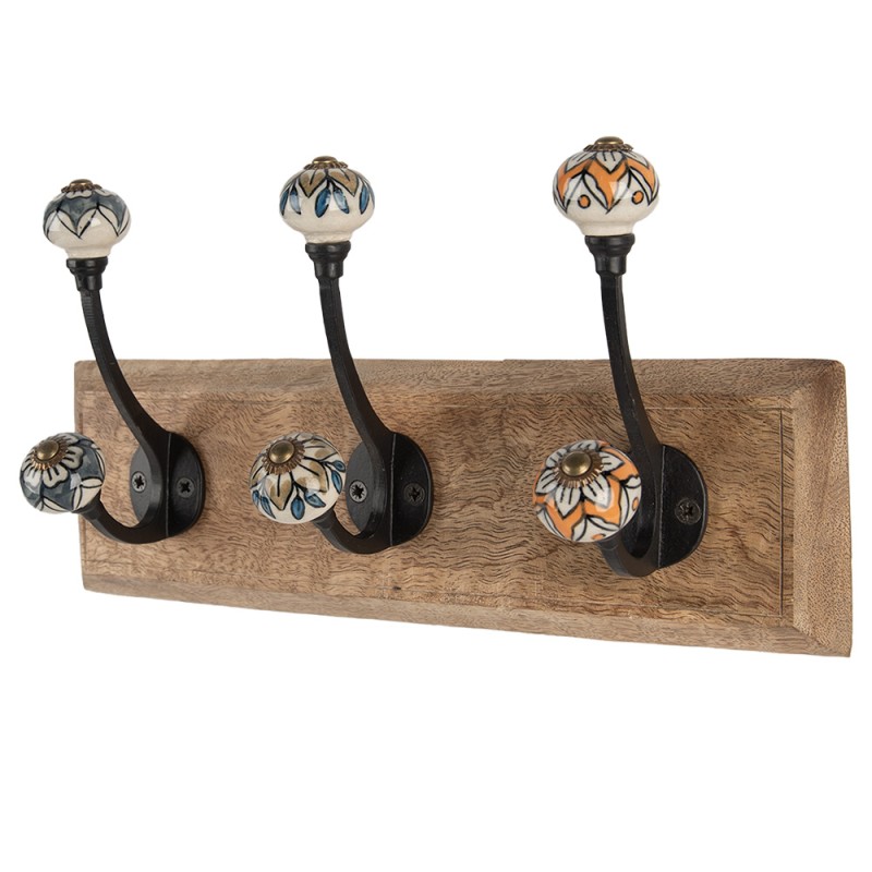Clayre & Eef Attaccapanni da parete 3 ganci 31x10x16 cm Marrone Legno Metallo