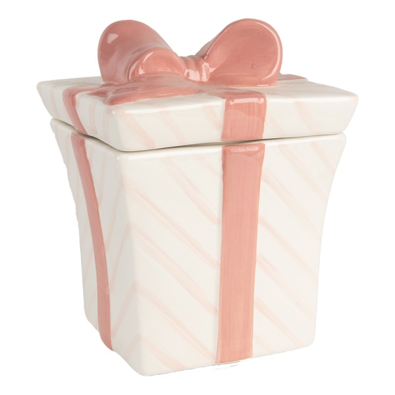 Clayre & Eef Voorraadpot Cadeau 14x14x17cm Wit Roze Keramiek