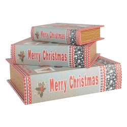 Clayre & Eef Scatola di archiviazione set di 3 Libri 27 /22 /17 cm Blu Legno  Babbo Natale