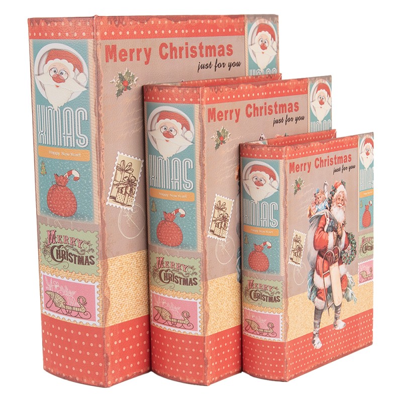 Clayre & Eef Scatola di archiviazione set di 3 Libri 27 /22 /17 cm Rosso Legno  Babbo Natale