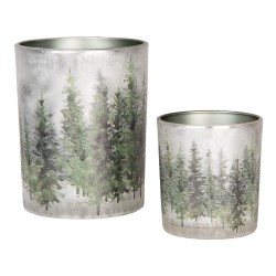 Clayre & Eef Porte-bougie set de 2 Ø 7x8 / 10x13 cm Blanc Vert Verre Sapins