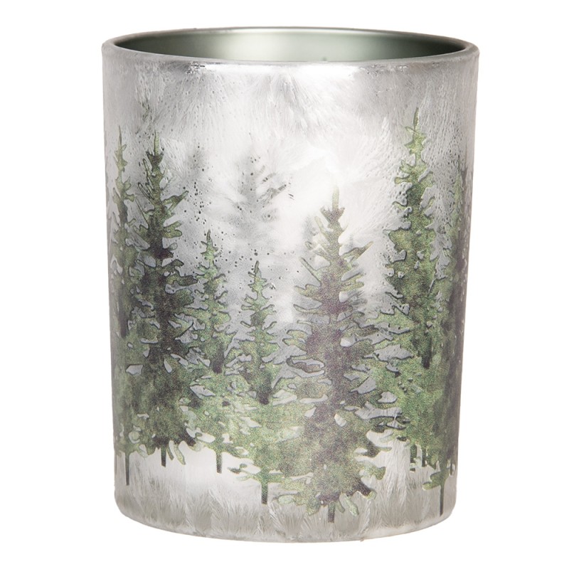Clayre & Eef Portacandela set di 2 Ø 7x8 / 10x13 cm Bianco Verde  Vetro Alberi di pino