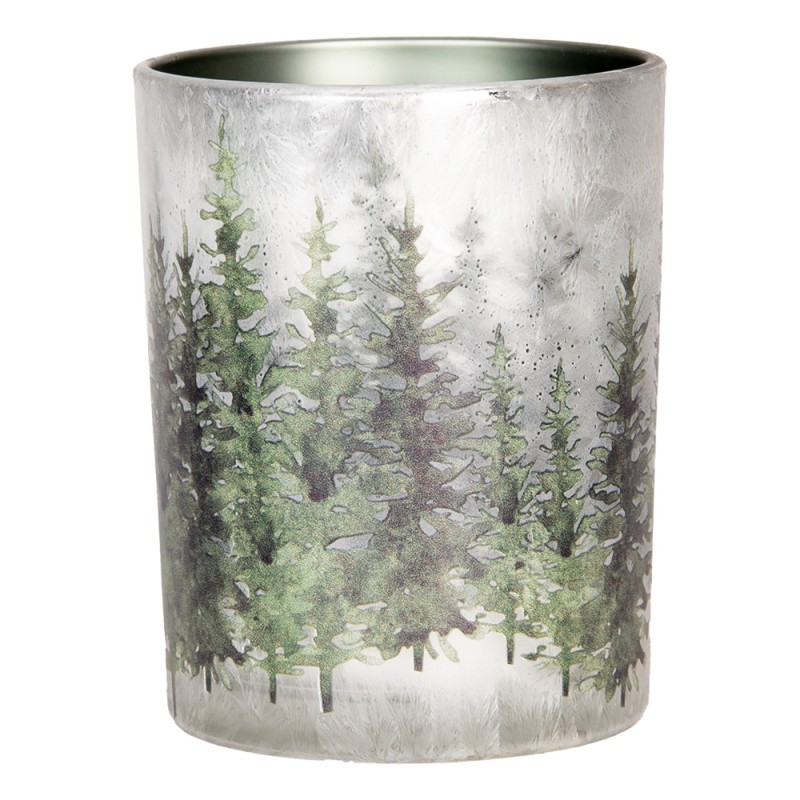 Clayre & Eef Portacandela set di 2 Ø 7x8 / 10x13 cm Bianco Verde  Vetro Alberi di pino