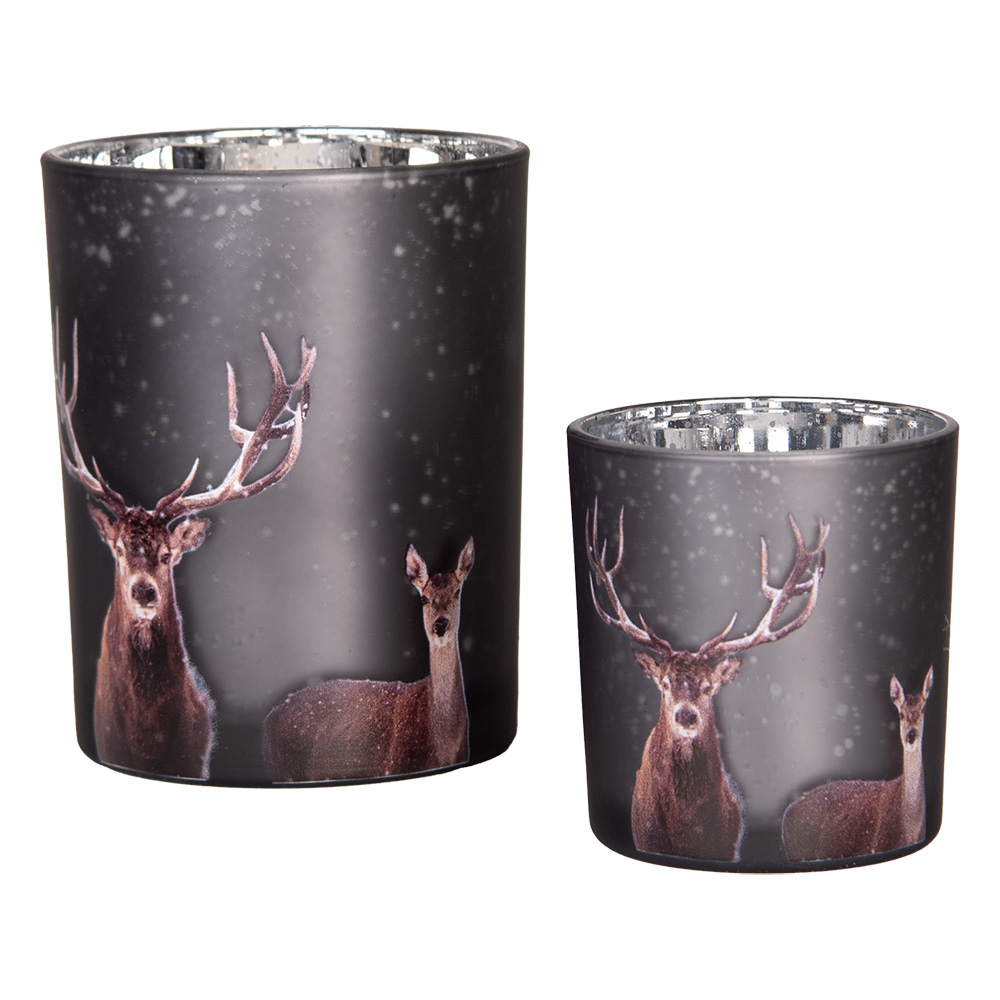 Clayre&Eef Theelichthouder Set van 2Ø 7x8 / 10x13 cm Grijs Glas Hert