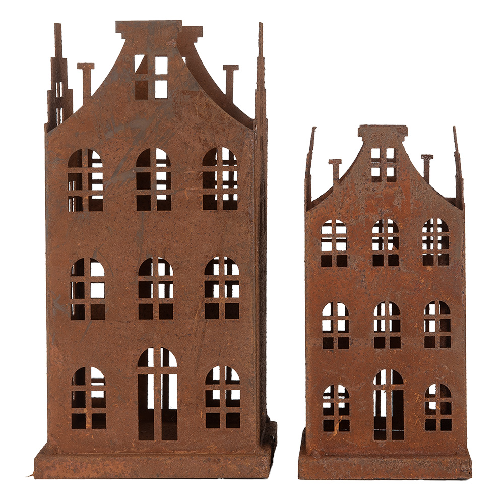 Clayre&Eef Decoratie Beeld Set van 2 Huis 11x11x21 / 8x8x16 cm Bruin Metaal afbeelding