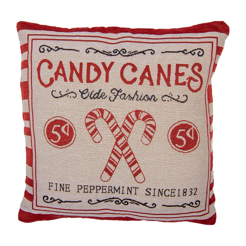 Clayre & Eef Cushion Cover 44x44 cm Beige Red Polyester Cotton Square Candy Cane Christmas