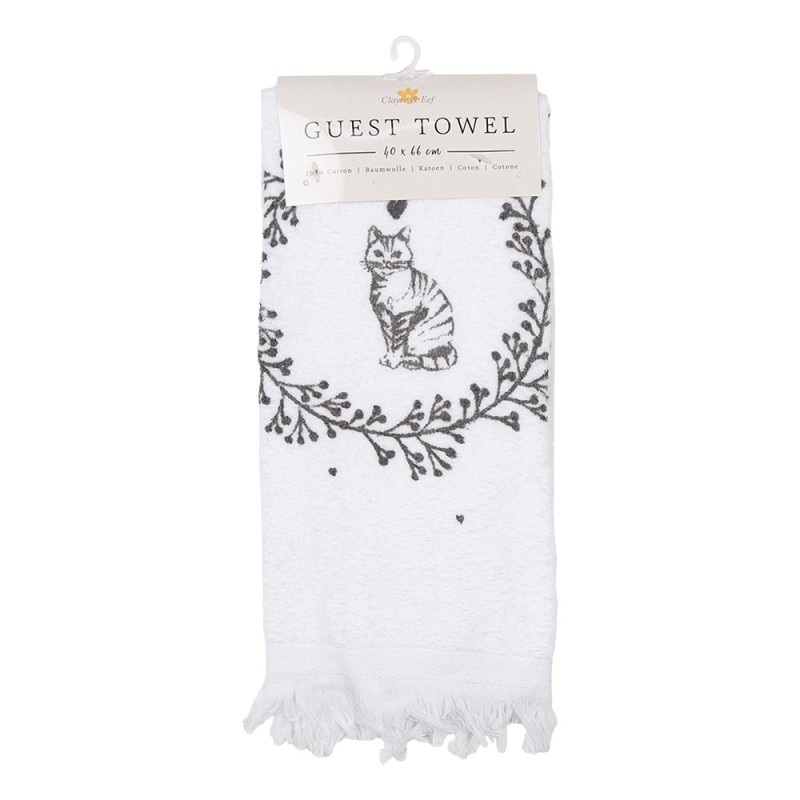 Clayre & Eef Asciugamano per ospiti 40x66 cm Bianco Cotone Gatto