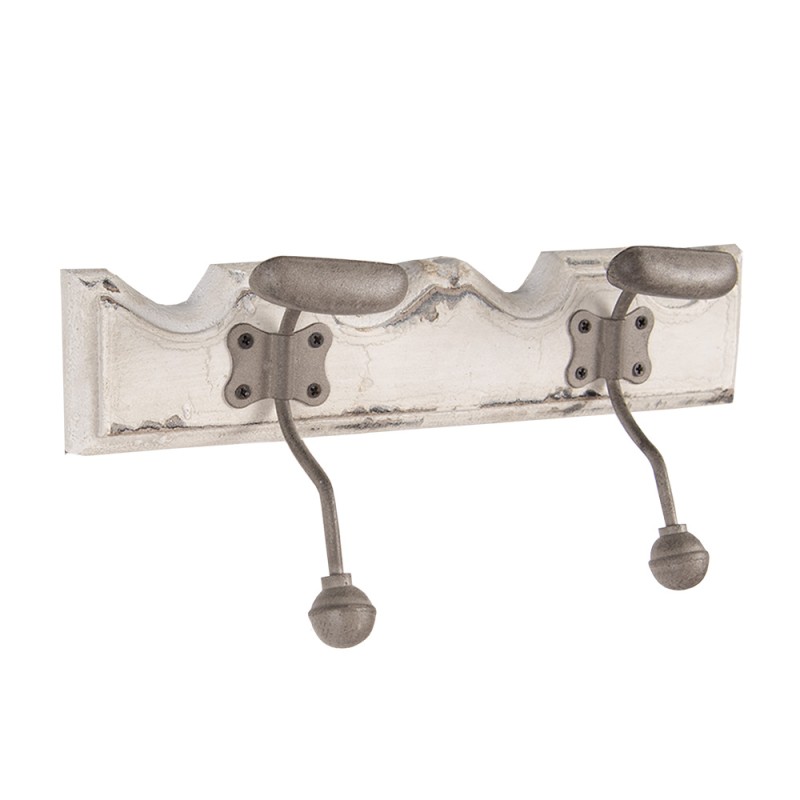Clayre & Eef Wall Coat Rack 2 Hooks 23x6x10 cm White Wood Metal