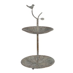 Clayre & Eef Etagère 2 laags Ø 26x48 cm Groen Bruin Metaal Vogel