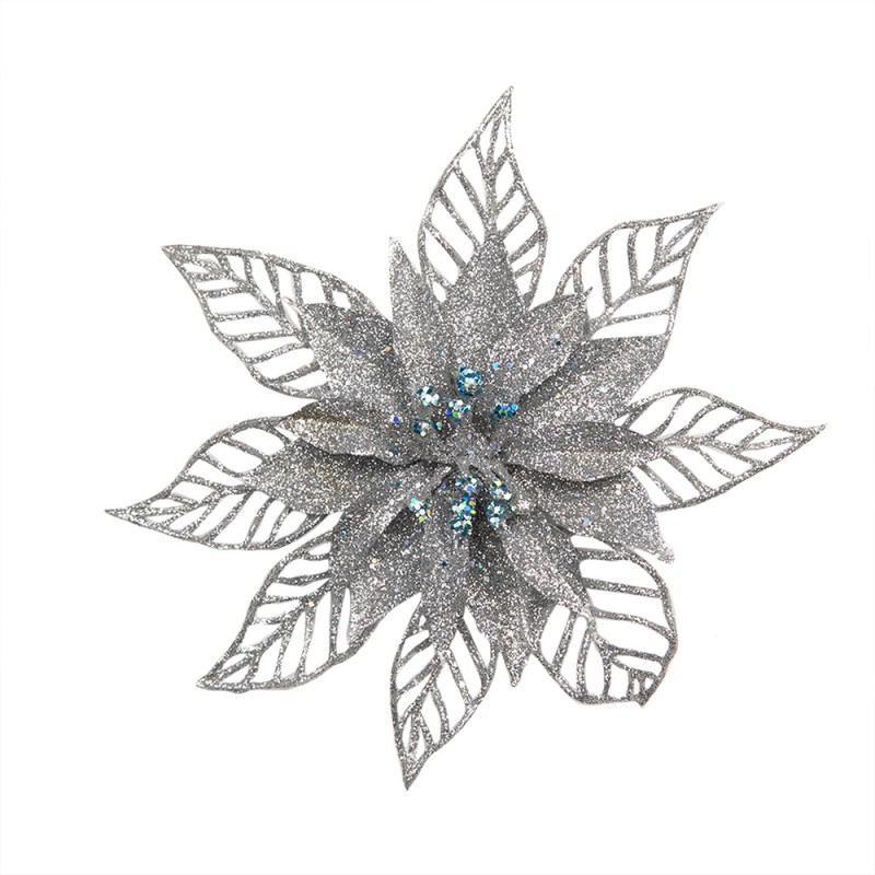 Clayre & Eef Ornement de Noël set de 2 Poinsettia 15 cm Couleur argent Plastique