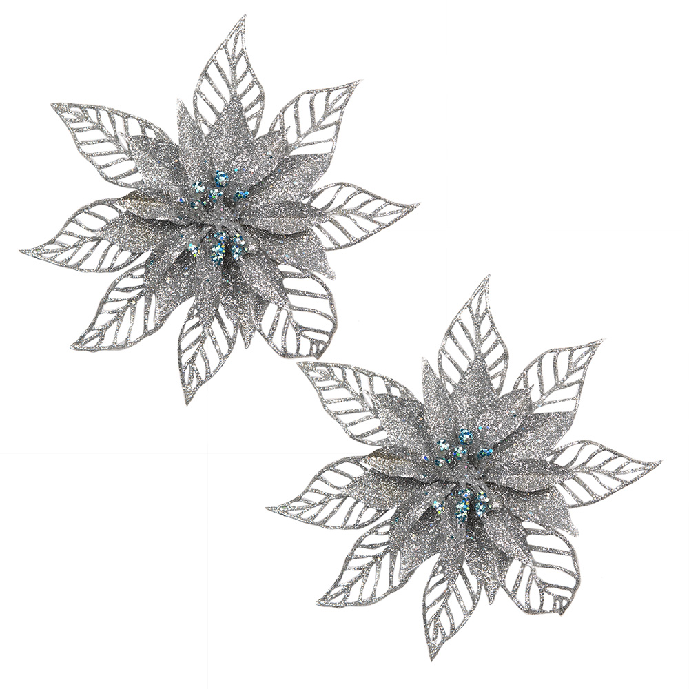 Clayre&Eef Kersthanger Set van 2 Kerstster 15 cm Zilverkleurig Kunststof afbeelding