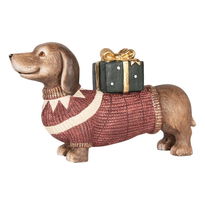 Clayre & Eef Weihnachtsdekorationsfigur Hund Dackel 47x14x28 cm Braun Rot Keramikmaterial