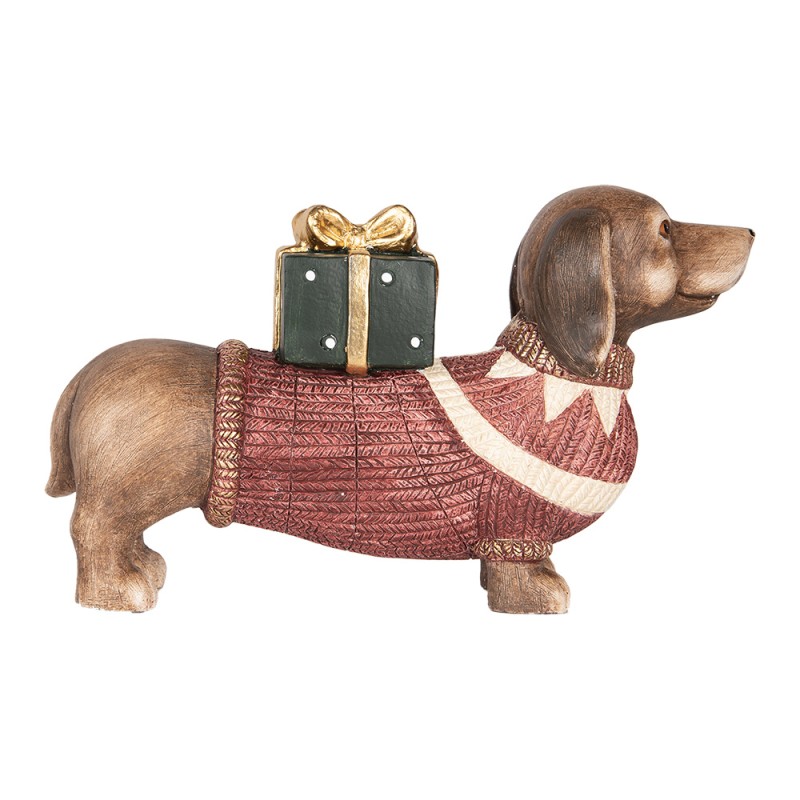 Clayre & Eef Weihnachtsdekorationsfigur Hund Dackel 47x14x28 cm Braun Rot Keramikmaterial