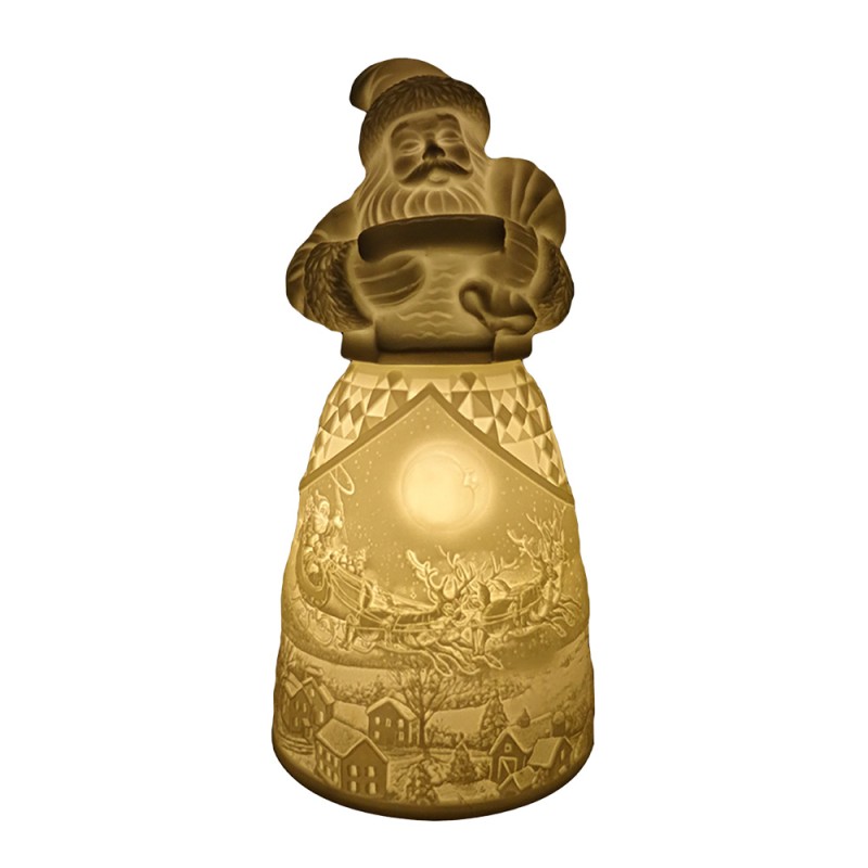 Clayre & Eef Decorazione natalizia con illuminazione a LED Babbo Natale Ø 9x19 cm Bianco Porcellana