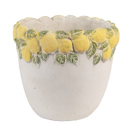 Clayre & Eef Bloempot Ø 16x15 cm Wit Geel Steen Citroen