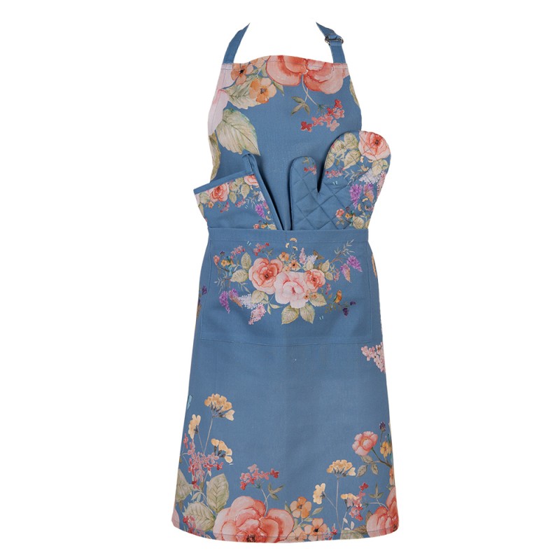 Clayre & Eef Ofenhandschuh 18x30 cm Blau Baumwolle Blumen