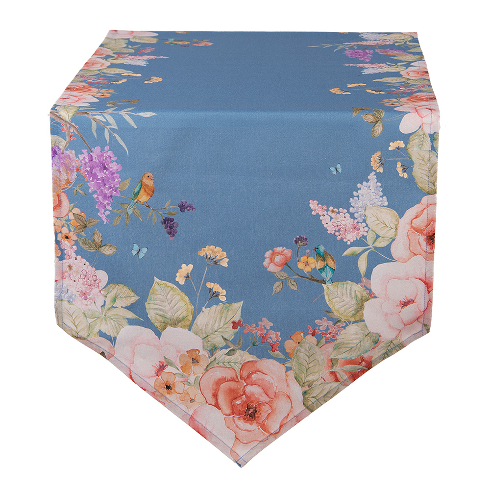 Clayre&Eef Tafelloper 50x160 cm Blauw Katoen Bloemen afbeelding