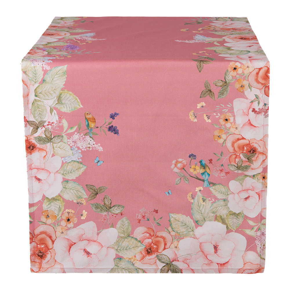 Clayre&Eef Tafelloper 50x140 cm Roze Katoen Bloemen afbeelding