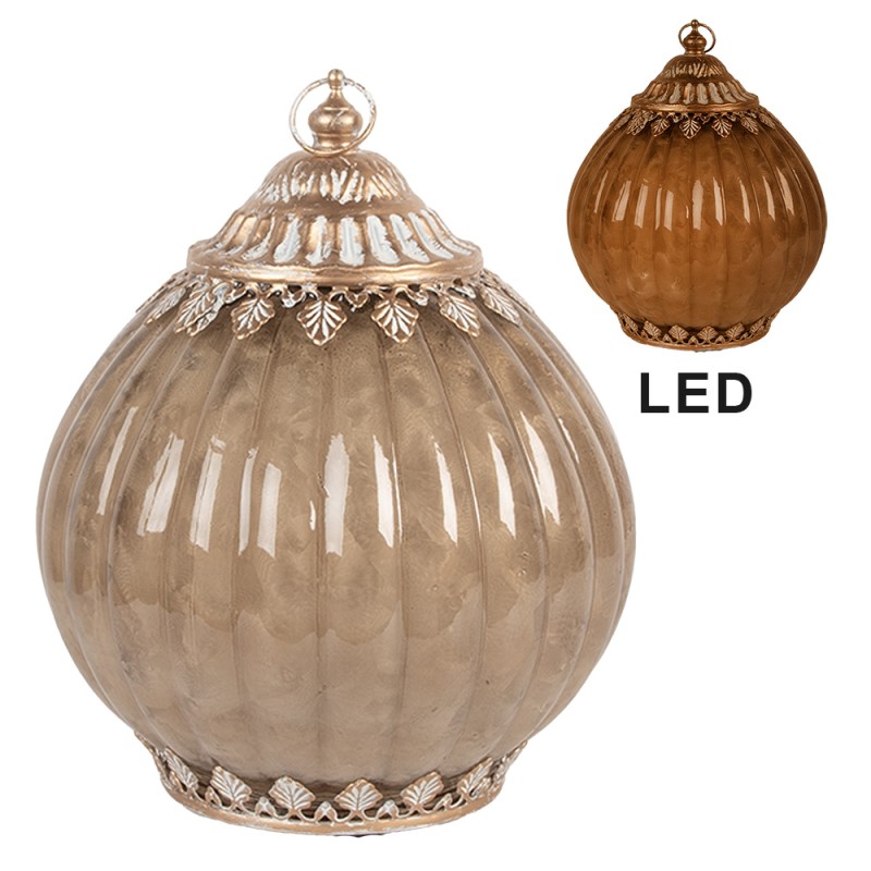 Clayre & Eef Lanterne LED Ø 15x19 cm Beige Verre