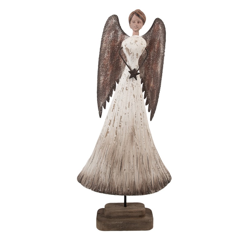 Clayre & Eef Decoratie Beeld Engel 19x6x42 cm Wit Bruin Hout Geen vorm