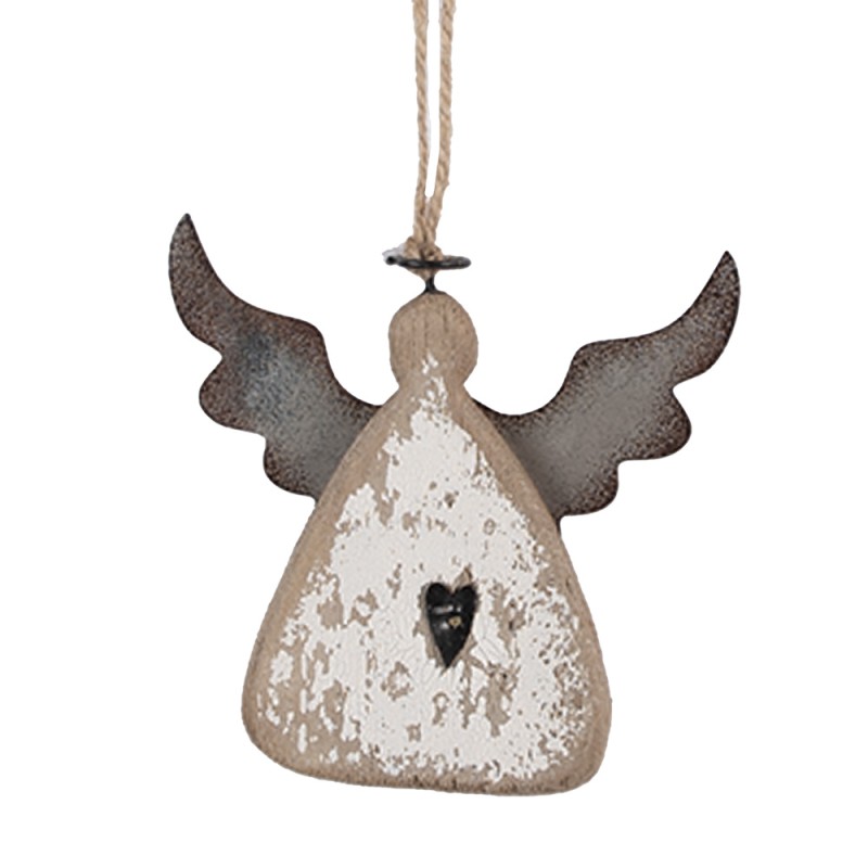 Clayre & Eef Pendentif de décoration Ange 10x2x10 cm Marron Blanc Bois Aucune forme