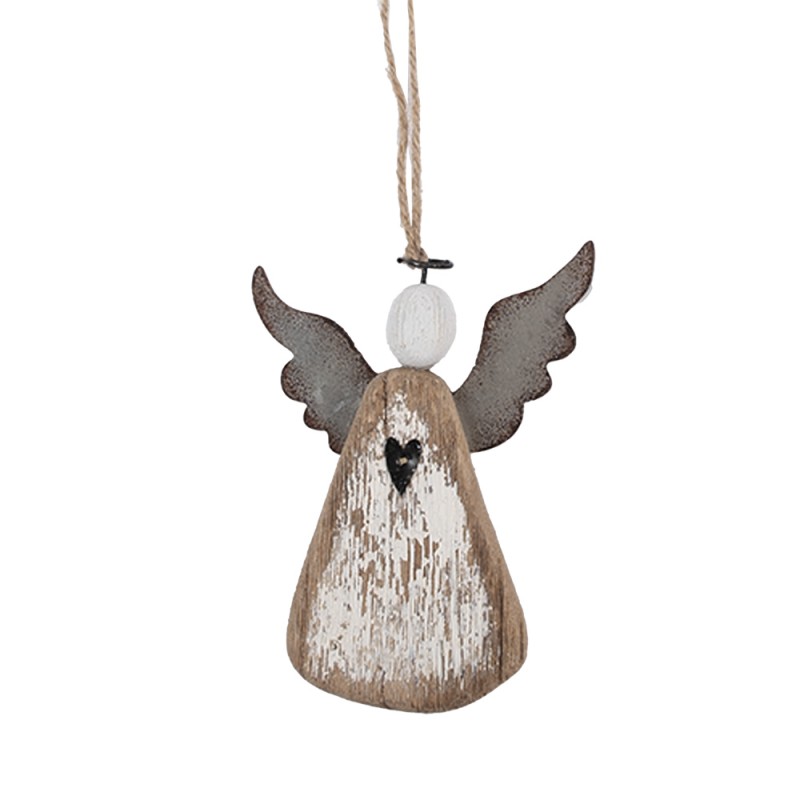 Clayre & Eef Deko-Anhänger Engel 9x2x13 cm Braun Weiß Holz
