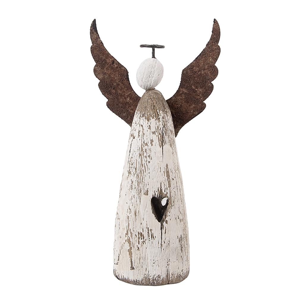 Clayre&Eef Decoratie Beeld Engel 9x4x18 cm Wit Bruin Hout