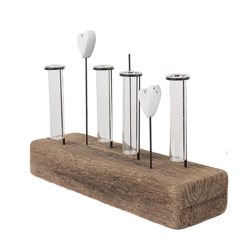 Clayre & Eef Glazen Vaasjes in Houder 30x9x25 cm Bruin Hout Geen vorm