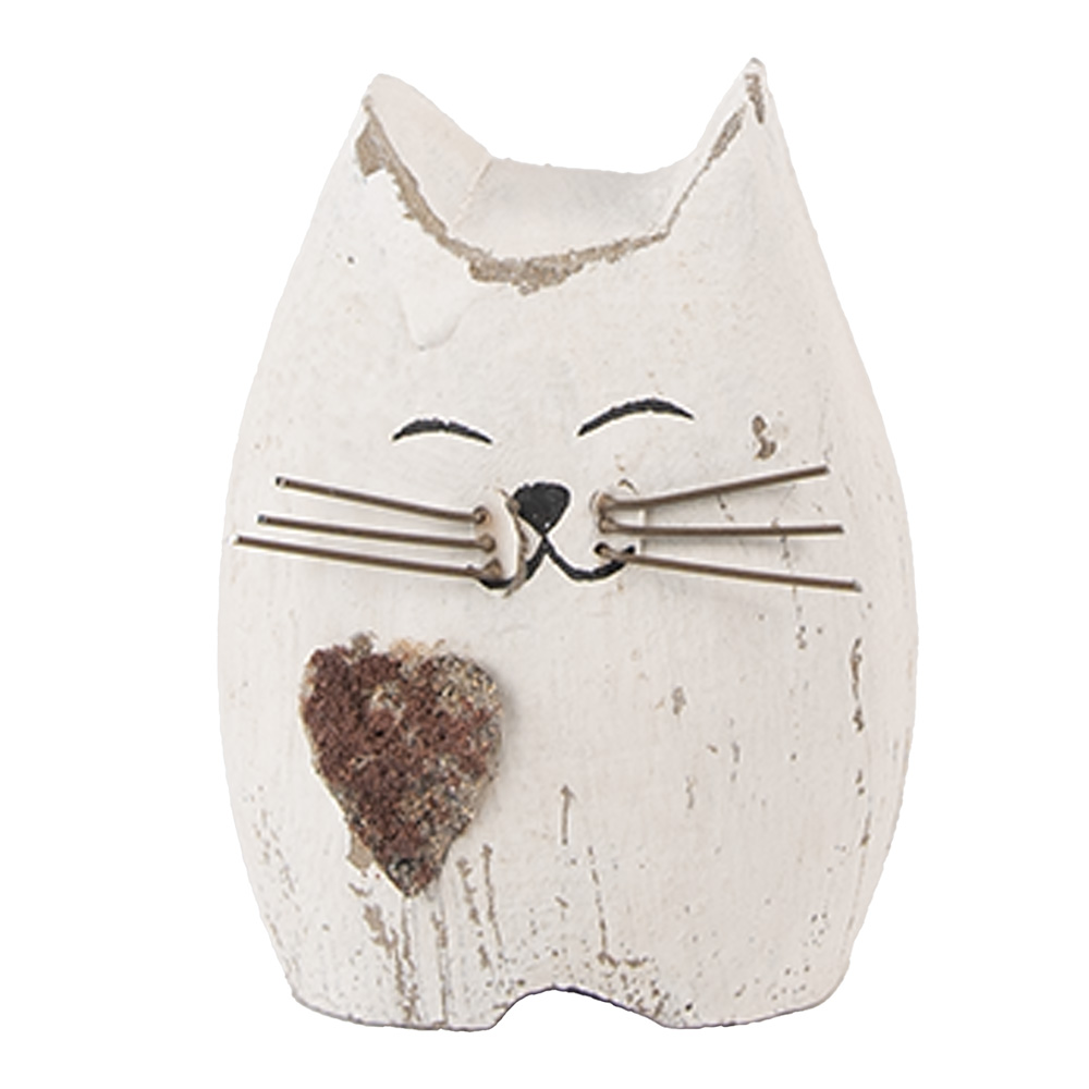 Clayre&Eef Decoratie Beeld Kat 6x4x7 cm Wit Bruin Hout afbeelding