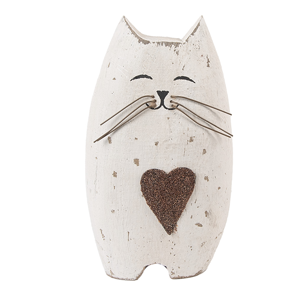 Clayre&Eef Decoratie Beeld Kat 8x6x14 cm Wit Bruin Hout afbeelding