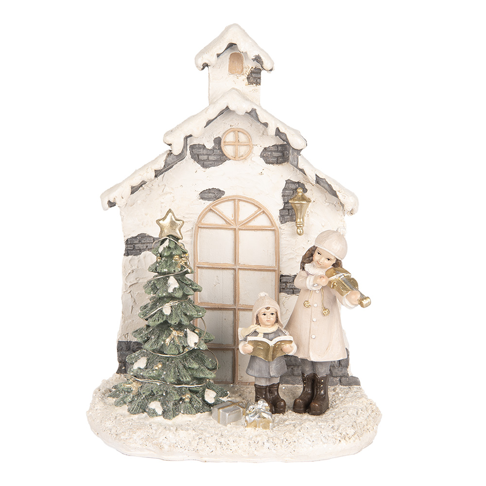 Clayre & Eef Kerstdecoratie met LED-verlichting Huis 16x9x21 cm Beige Kunststof afbeelding 1