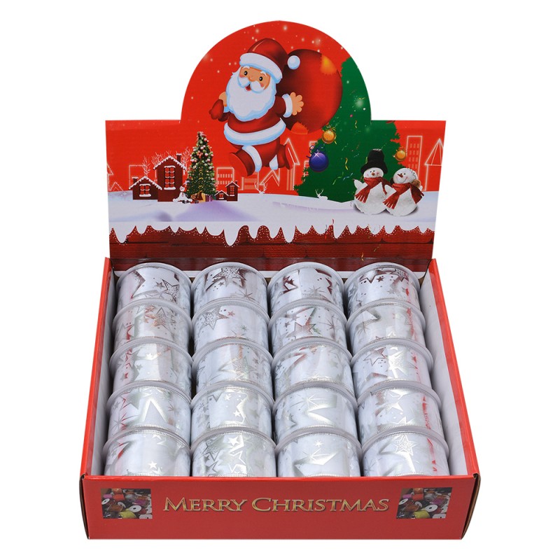 Clayre & Eef Christmas ribbon 50 mm White Silver colored Synthetic