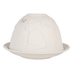 Clayre & Eef Portacandela Ø 12x8 cm Bianco Porcellana Cani