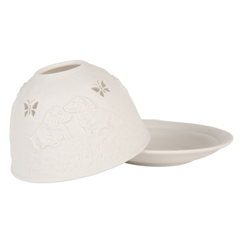 Clayre & Eef Portacandela Ø 12x8 cm Bianco Porcellana Cani