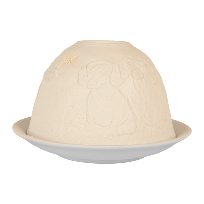 Clayre & Eef Portacandela Ø 12x8 cm Bianco Porcellana Cani