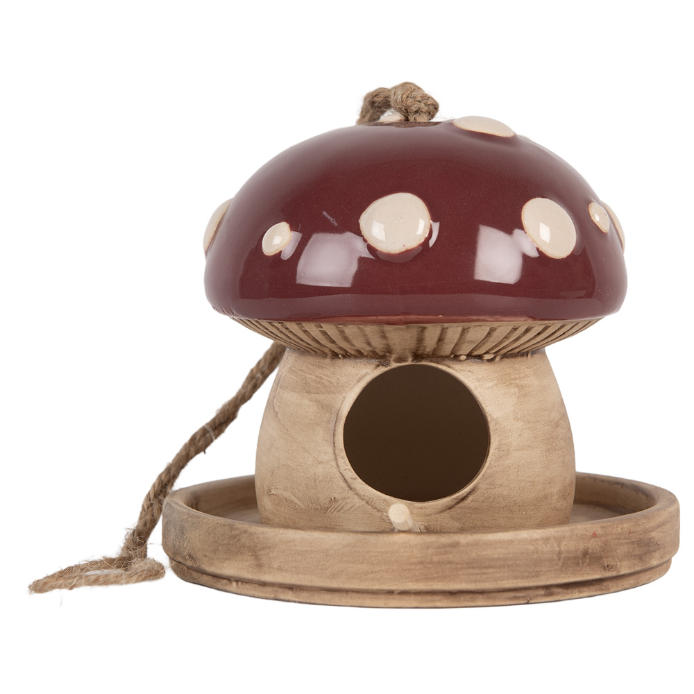 Clayre & Eef Decoratie Vogelhuis Paddenstoel Ø 13x13 cm Beige Rood Keramiek afbeelding