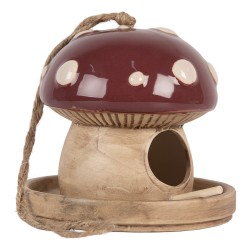 Clayre & Eef Decorazione casa degli uccelli Fungo Ø 13x13 cm Beige Rosso Ceramica