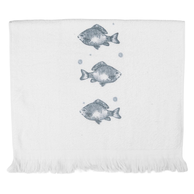 Clayre & Eef Asciugamano per ospiti 40x66 cm Bianco Cotone Pesci