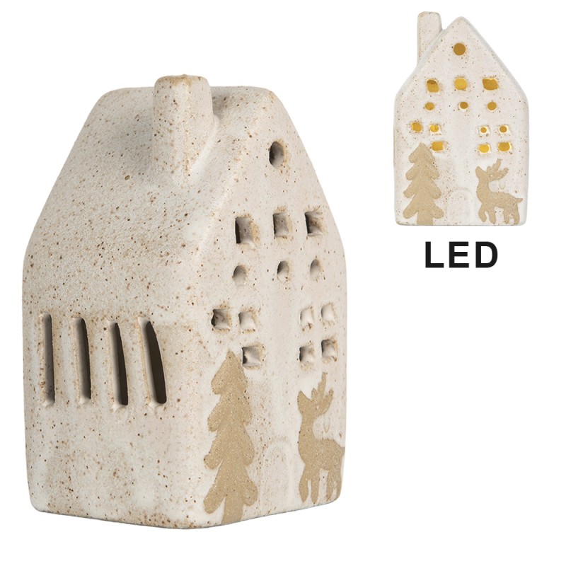 Clayre & Eef Decorative House with LED 6x5x10 cm Beige Ceramic
