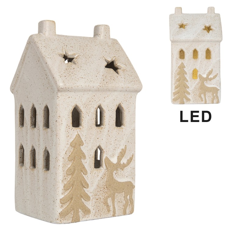 Clayre & Eef Decorative House with LED 10x9x18 cm Beige Ceramic