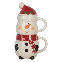 Clayre & Eef Tazza Babbo Natale ;Pupazzo di neve 300/375 ml Bianco Rosso Ceramica