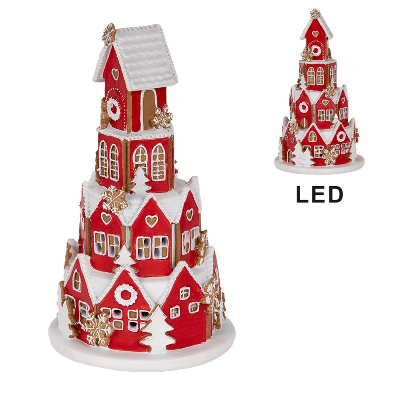 Clayre & Eef Maison en pain d'épices avec LED Ø 13x22 cm Rouge Plastique
