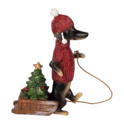 Clayre & Eef Kerstdecoratie Beeld Hond Teckel 8x4x13 cm Bruin Rood Kunststof
